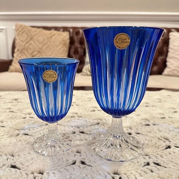 CRISTAL DE FRANCE Vintage Blue Genuine Glass Wine Goblets‎ Big and Small NEW